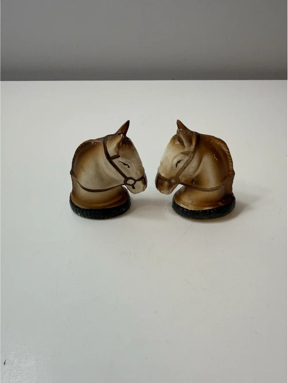 1950’s Ceramic Horse Head Salt & Pepper Shakers Tawny Brown w/Dark Brown Bridle